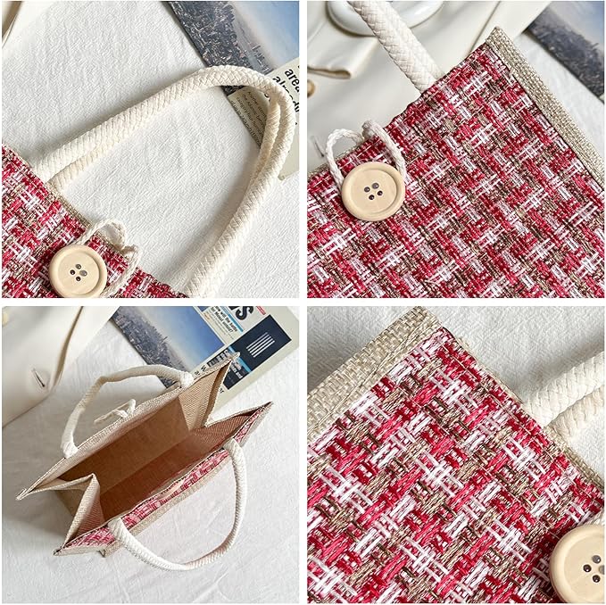 Women Tote Bag,2Pcs Jute Casual Tote's Handbag Embroidered Personalized Bento Bag,Reusable Grocery Bags Shopping Bags