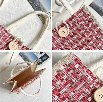 Women Tote Bag,2Pcs Jute Casual Tote's Handbag Embroidered Personalized Bento Bag,Reusable Grocery Bags Shopping Bags