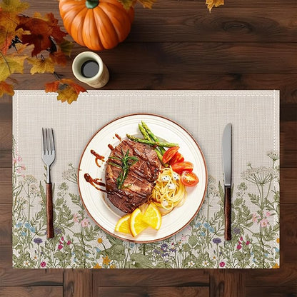 Summer Flower Placemats Set of 6,Washable Heat Resistant 12×18 Inch Linen Table Mats Fall Meadow Herbs Place Mats for Party Outdoor Dining Décor