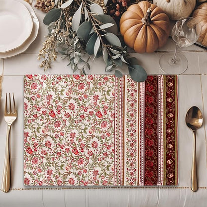 Maison d' Hermine Placemats Set of 4 100% Cotton Washable Cloth Place Mats, Reusable Table Mats for Thanksgiving Christmas Decorations Kitchen Dining Party Wedding (Reveillon Au Jardin, 13" x 19")