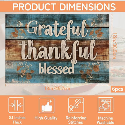 Grateful Thankful Blessed Placemats Set of 6,Wood Grain Dinner Table Mats Non-Slip Washable Mats for Kitchen Dinner Party Tablemat 12x18Inch