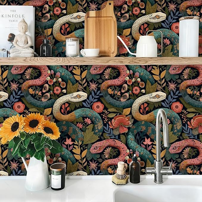 Floral Peel and Stick Modern Animal Contact Paper Whimsical Snake Removable Botanical Leaf Wallpaper 17.7" x 118.11" Wall Paper Watercolor Self Adhesive for Classroom Bedroom laundry room bathroom