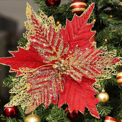 10'' Large Christmas Glitter Poinsettia Flowers Decorations, stadeco 10 Pcs Christmas Tree Picks Ornaments Artificial Flowers with Long Stems for Xmas Tree Wreath Garland Wedding Party DIY Decor
