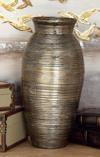 Deco 79 Bamboo Wood Decorative Vase Textured Centerpiece Vase with Lacquer, Vase for Home Decoration 10" x 10" x 20", Brown