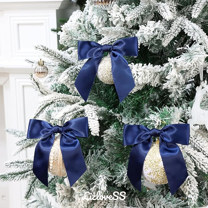Navy Blue Satin Ribbon Twist Tie Bows 5 Inch Pre-Tied Blue Gift Bows for Crafts, Treat Bags, Party Favors, Wedding, Baby Shower, Candy Apple, Christmas Tree (36 Pack)