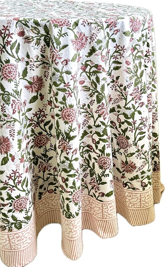 ATOSII Mahoka Rust 100% Cotton Round Block Print Summer Tablecloth, Floral Table Cloth Linen for Dining Parties Weddings Outdoors Holidays I 72" Inches Round, 4 Seater