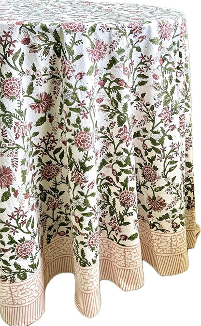ATOSII Mahoka Rust 100% Cotton Round Block Print Summer Tablecloth, Floral Table Cloth Linen for Dining Parties Weddings Outdoors Holidays I 72" Inches Round, 4 Seater