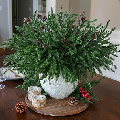 Artificial Christmas Norfolk Pine Stems Branches for Vases,12 Bundles Fake Pine Stems with 2 PCS Small Pinecones Branches Faux Evergreen Real Touch Greenery for Xmas Holiday Winter Table Indoor Decor