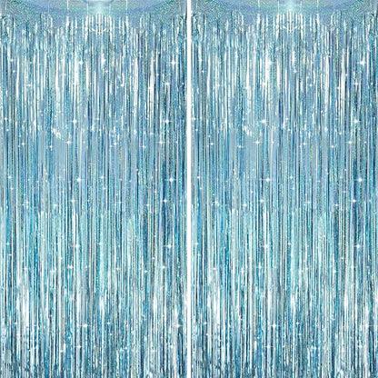 2 Pack Laser Light Blue Foil Fringe Curtains, Tinsel Streamers Birthday Party Decorations, Fringe Backdrop for Kids Birthday, Sea, Blue Theme Party