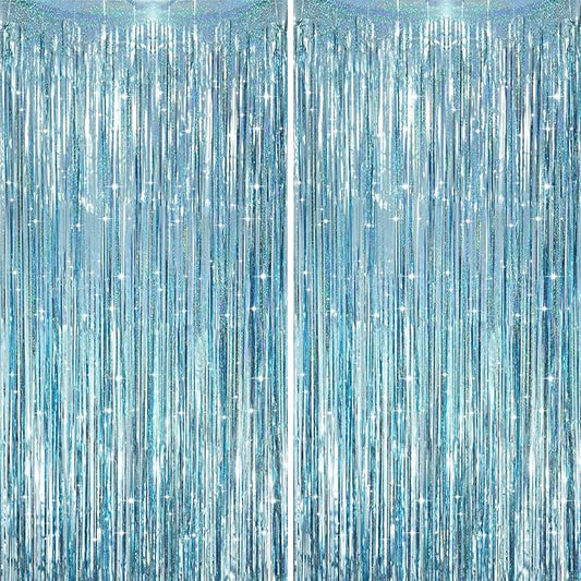 2 Pack Laser Light Blue Foil Fringe Curtains, Tinsel Streamers Birthday Party Decorations, Fringe Backdrop for Kids Birthday, Sea, Blue Theme Party