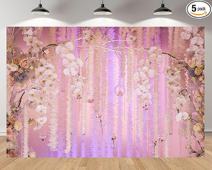 5x4ft Pink Floral Orchid Rose Backdrop Wedding Party Decoration Romantic Flower Wall Hanging Drapes Photo Booth Background for Birthday Baby Shower Engagement Anniversary Bridal Shower