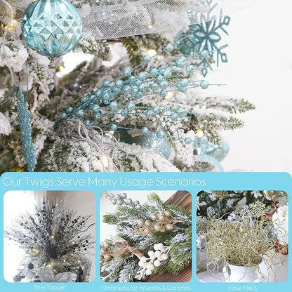 Sea Team 24-Pack Artificial Glitter Berry Stem Ornaments, Decorative Bead Sticks, Glittery Twigs, Picks, Branches for Christmas Tree, Small Vase, Holiday, Wedding, Party (17 Inches, Babyblue)