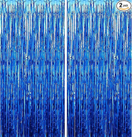 2 Pack 3.28 ft x 6.56 ft Blue Tinsel Curtain Party Backdrop Decorations, Metallic Foil Fringe Backdrop Door for Halloween, Christmas, Birthday Graduatio
