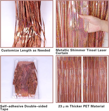 2 Pack 3.2ft x 8.2ft Rose Gold Foil Fringe Curtain Backdrop, Metallic Tinsel Foil Fringe Streamer Curtains Photo Booth Props, Ideal for Bachelorette Birthday Christmas New Year Party Decorations