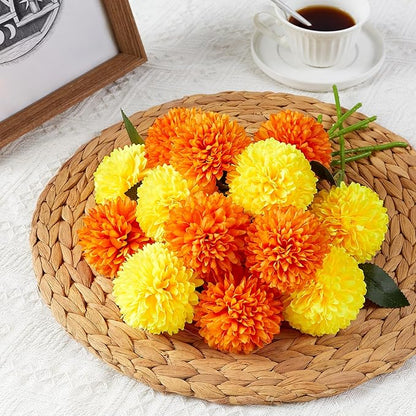 SITUMEIZI 12 Pcs Artificial Chrysanthemums Flowers Ball Flower Fake Mums Silk for Fall Decor Halloween Thanksgiving Day Wedding Home Kitchen Decoration Floral Arrangement(Yellow,Orange)