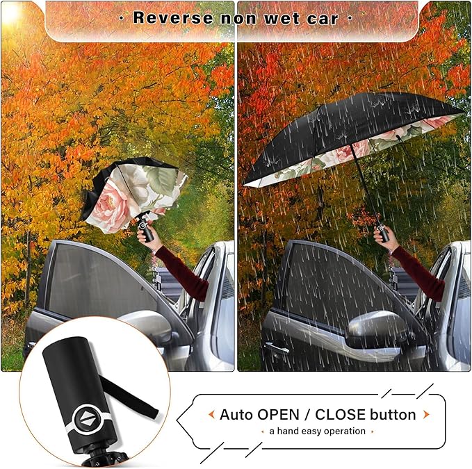 Automatic Folding Umbrella Windproof Strong, UV Protection Compact Floral Hydrangea Hummingbird Sun Rain Sun Rain Travel Umbrellas for Women Men