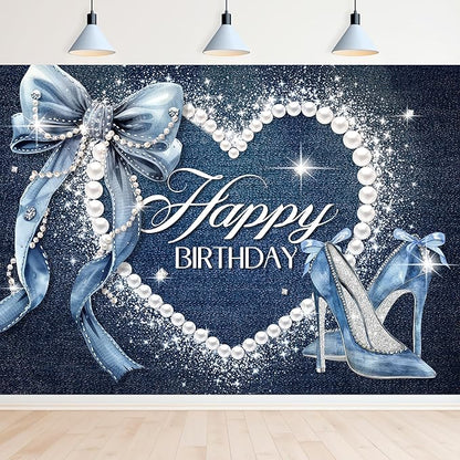 Denim and Diamonds Bow Backdrop 7Wx5H Photography Blue Coquette Happy Birthday for Women Girls Birthday Banner Background Silver High Heels Party Decorations Banner Photo Booth Props Supplies
