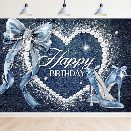 Denim and Diamonds Bow Backdrop 7Wx5H Photography Blue Coquette Happy Birthday for Women Girls Birthday Banner Background Silver High Heels Party Decorations Banner Photo Booth Props Supplies