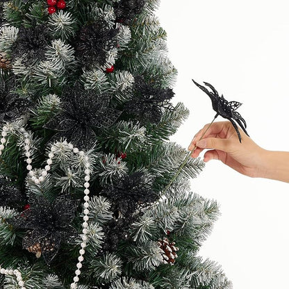 Zhuqing 22Pcs Christmas Poinsettia Artificial Flowers and Glitter Berries Stems Kit, 16Pcs Christmas Tree Flowers Ornaments and 6 Pack Christmas Tree Picks for Wedding Holiday Decorations (Black)