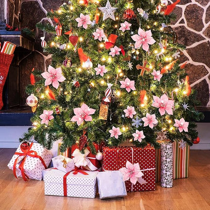 WILLBOND 24 Pcs 3 Size Poinsettia Flower Artificial Christmas Decor Glitter Poinsettia Christmas Ornaments Faux Flowers for Xmas Tree Outdoor(3.2/4/6 Inches,Rose Red)