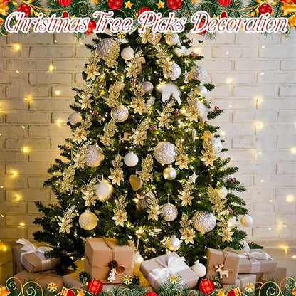 18 Pack 3 Styles 17 Inch Christmas Glitter Poinsettia Berry Stems Ornaments Artificial Floral Branches Picks for Christmas Tree Home Vase Holiday Party Decor(Gold)