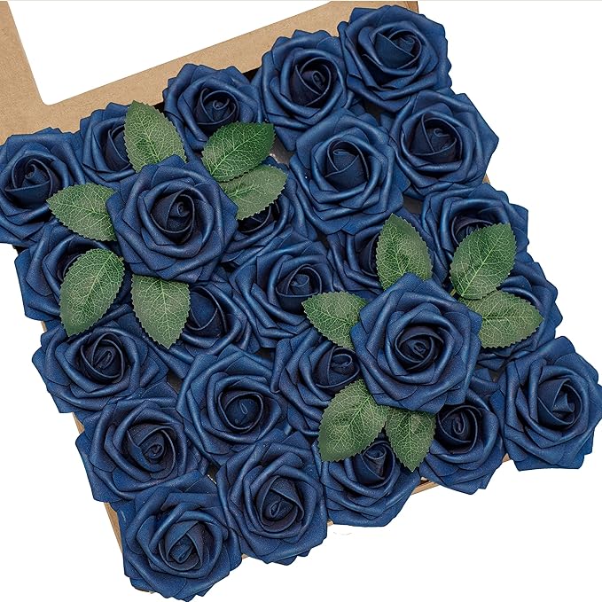 Artificial Flowers, 100pcs Artificial Rose for DIY Wedding Bouquets Centerpieces Arrangements, Navy Blue Foam Roses with Stem for Bridal Shower Party Home Decorations