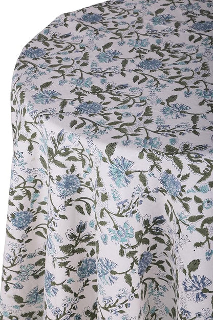ATOSII Mahoka Blue 100% Cotton Round Tablecloth, Block Print Floral Table Cloth for Dining, Parties, Weddings, Outdoors, Holidays I 60" Inches I Grandmillennial Farmhouse Boho Spring Summer
