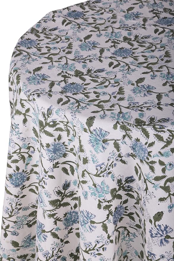 ATOSII Mahoka Blue 100% Cotton Round Tablecloth, Block Print Floral Table Cloth for Dining, Parties, Weddings, Outdoors, Holidays I 90" Inches, 6 Seater I Grandmillennial Farmhouse Boho Summer