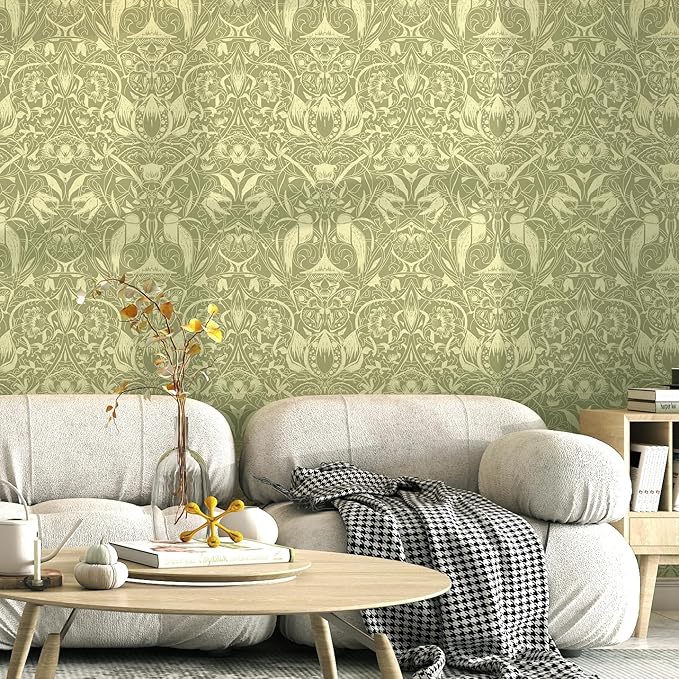 Vintage Peel and Stick Wallpaper Boho Bird Wall Paper Floral Contact Paper for Bedroom 17.3" X 393" Removable Wallpaper Self Adhesive Olive Green Botanical Decorative Wallpapers Bathroom Kitchen Vinyl