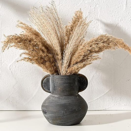 Antique Ceramic Vase with 2 Handles, 6.1 Inch Farmhouse Rustic Vase, Small Decorative Pottery Flower Vases for Home Decor, Wedding, Living Room, Table, Shelf Decor, Black Bronze