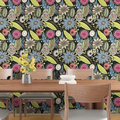 Boho Wallpaper Peel and Stick,Dark Green Vintage Floral Contact Paper, Retro Botanical Flowers Bohemia Wall Paper Self Adhesive Removable Waterproof for Bathroom Shelves Cabinet Table 17.5" x 118"
