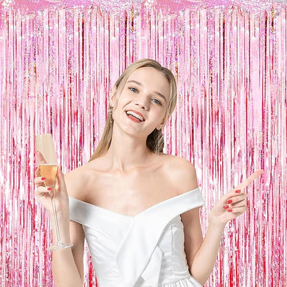 4 Pack 3.3x8.2 Feet Laser Pink Foil Fringe Backdrop Curtains, Tinsel Streamers Birthday Party Decorations, Fringe Backdrop for Graduation, Baby Shower, Gender Reveal, Disco Party