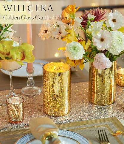 Gold Cylinder Vases for Centerpieces, Modern Glass Vase Set of 12 Decorative Hurricane Candle Holder for Pillar Candle Holders Flowers for Table Centerpiece