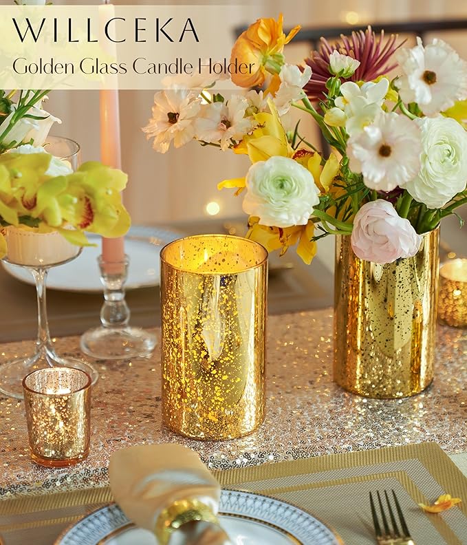 Gold Candle Holder Hurricane Candle Cylinder Vases for Centerpieces Set of 6 for Wedding Table Centerpiece