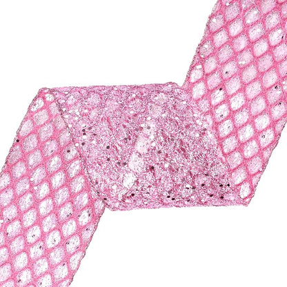 VATIN 4" Pink Christmas Ribbon, Pink Glitter Mesh Diamond Web Sequin Dots Wired Christmas Ribbon for Gift Wrapping Bow Making Wreath Supply-10 Yards