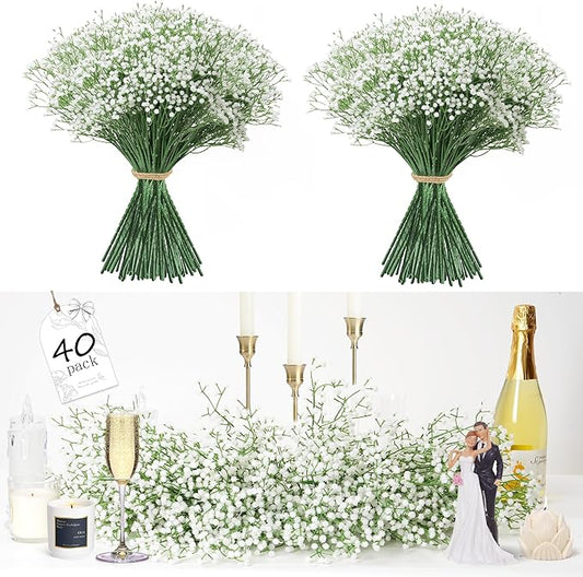 40Pcs Babys Breath Artificial Flowers, White Gypsophila Real Touch White Flowers Artificial Bulk, DIY Wedding Flower Bouquet, Fake Babies Breath Flowers Long Stems for Home Decor