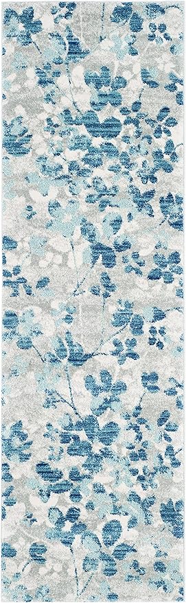 SAFAVIEH Evoke Collection 2'2" x 9' Grey/Light Blue EVK236J Floral Non-Shedding Living Room Entryway Foyer Hallway Bedroom Runner Rug