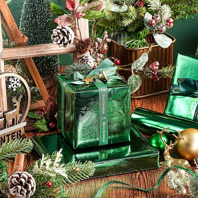 LeZakaa 3D Embossed Floral Foil Gift Wrapping Paper, Vintage Flower Metallic Foil for Birthday Christmas Party Holiday Gift Wrap, for DIY Crafts Scrapbook, Mini Roll 17 inch x 32.8 Ft(Green)