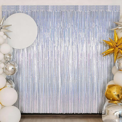 2 Pack New Year Party Decorations, 3.28 FT x 7.05 FT Glitter Silver Fringe Curtains, Metallic Party Streamer Tinsel Backdrop Foil Curtains, NYE Party Supplies Engagement Decor