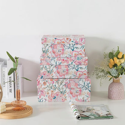 Soul & Lane Decorative Storage Boxes with Hinged Lids, Pink Chinoiserie - Set of 3 Floral Memory Keepsake Boxes with Lids, Pretty Large Cardboard Photo Storage for Organizing, Home Décor, Gifts