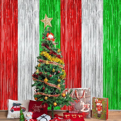 8 Pack Christmas Photo Backdrop, 3.28 FT x 7.05 FT Red Silver Green Party Streamer, Metallic Foil Fringe Curtains Tinsel Backdrop, Christmas Photo Booth Props Door Decor Party Supplies