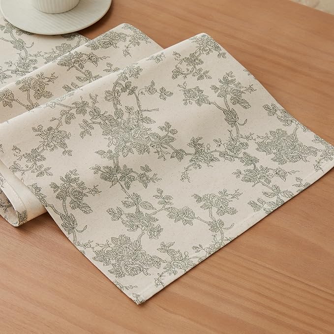 100% Cotton French Pastoral Table Runners, 13x72 Inch Green Farmhouse Table Runners 72 Inches Long, Vintage Flowers Print Home Decors
