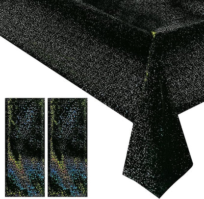 2 Pcs Black Holographic Laser Tablecloth Galaxy Space Table Cloth 40 * 108 Inch Shimmer Star TableCover for Halloween Birthday Graduation Neon Party Supplies Disposable Plastic Foil Table Decor