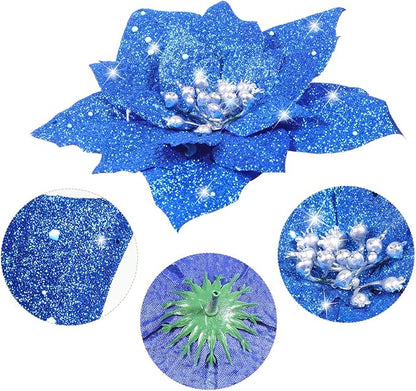 Boao 24 Pieces Glitter Poinsettia Artificial Christmas Flowers Poinsettia Decorations Wedding Christmas Tree Ornaments, 3/4/6 Inches (Blue)
