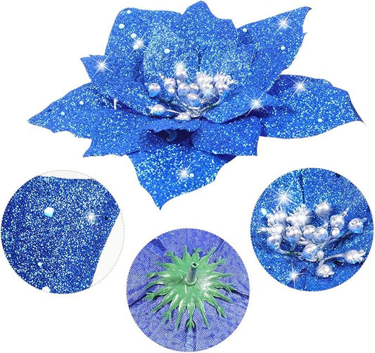 Boao 24 Pieces Glitter Poinsettia Artificial Christmas Flowers Poinsettia Decorations Wedding Christmas Tree Ornaments, 3/4/6 Inches (Blue)