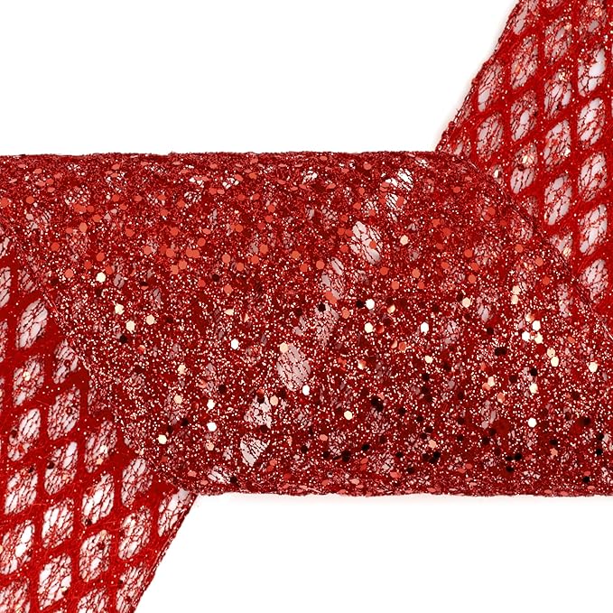 VATIN 6" Red Fall Ribbon, Red Glitter Mesh Diamond Web Sequin Dots Wired Christmas Ribbon for Gift Wrapping Bow Making Wreath Supply-10 Yards