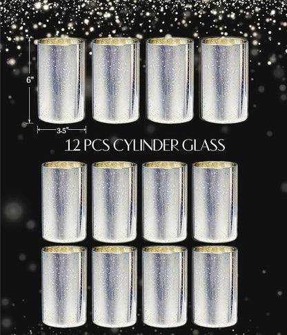 Silver Cylinder Vases for Centerpieces, Modern Glass Vase Set of 12 Decorative Hurricane Candle Holder for Pillar Candle Holders Flowers for Table Centerpiece, Sliver