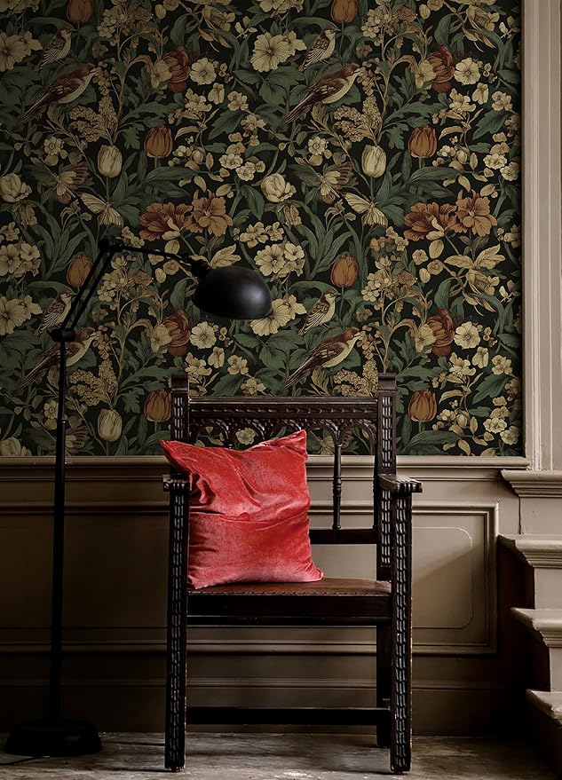 Erfoni 17.3" x 394" Bird Floral Peel and Stick Wallpaper Vintage Contact Paper for Livingroom Floral and Leaf Self Adhesive Wall Paper Retro DIY Removable Decorative Wallpaper Vinyl Roll Dark