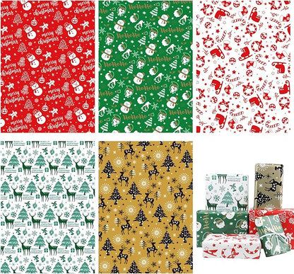 KIMOBER 5 Rolls Christmas Wrapping Paper with Cut Lines on Reverse,Colourful Coated Paper with Cartoon Xmas Elements(17in×118in Per Roll)