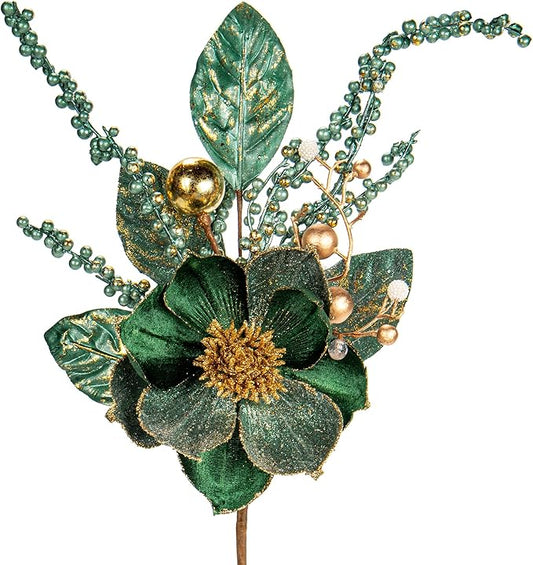Briful 2PCS Christmas Glitter Magnolia Flowers Picks and Spray with Christmas Balls Ornament Berries Green Leaves Branches for Xmas Tree Wreath Vase Table Centerpiece(Green Gold)